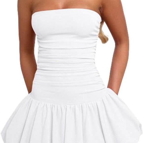 Dresses & Skirts - Women's Stretch Ruched Bodycon Strapless Bubble Dress Mini Club Party
